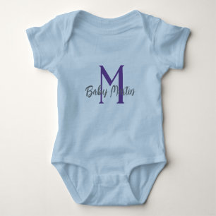 baby monogram blue unisex name personalize minimal baby bodysuit