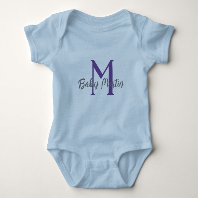 baby monogram blue unisex name personalize minimal baby bodysuit (Front)