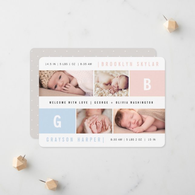 Baby Monograms Boy Girl Twins 4 Multi Photo Birth Announcement (Front/Back In Situ)