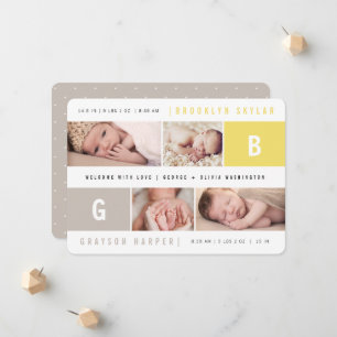 Baby Monograms Boy Girl Twins Yellow 4 Photo Birth Announcement