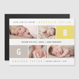 Baby Monograms Twins 4 Photo Birth Announcement
