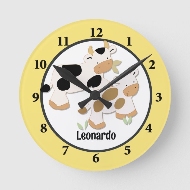 Baby Moo Cow Farm Personalized Wall Clock Yellow (Front)