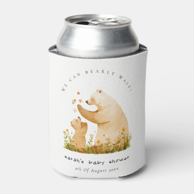 Baby Mum Bearly Wait Floral Neutal Baby Shower Can Cooler (Can Front)