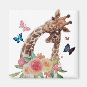 Baby & Mum Giraffe With Butterflies Magnet