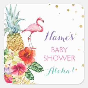 Baby Mum Shower Aloha Flamingo Tiki Stickers Label