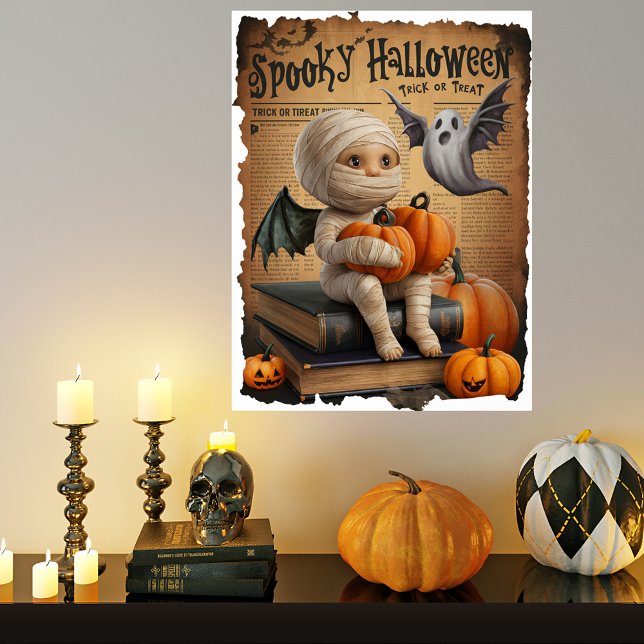 Baby Mummy Ghost Vintage Halloween Newspaper Style Poster (Creator Uploaded)