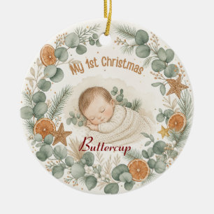 Baby My 1st Christmas Boho Sage Eucalyptus Ceramic Ornament