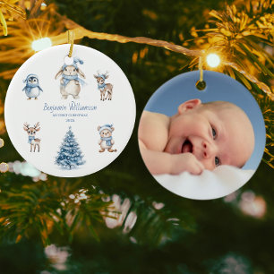 Baby My 1st Christmas Custom Woodland Blue Ceramic Ornament