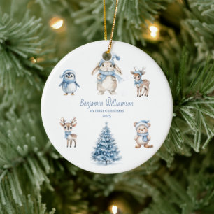 Baby My 1st Christmas Custom Woodland Blue Ceramic Ornament