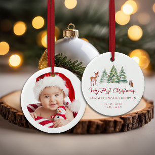Baby My First Christmas Deer Owl Woodland Photo  Ceramic Ornament