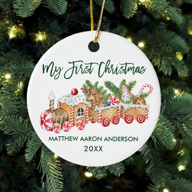 Baby My First Christmas Gingerbread Train Green Ceramic Ornament (Baby's First Christmas Candy Cane Train Ornament)