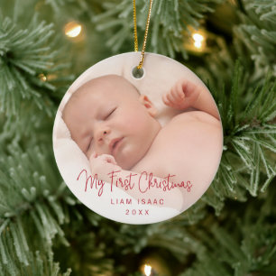 Baby My First Christmas Red Script Photo Ceramic Ornament