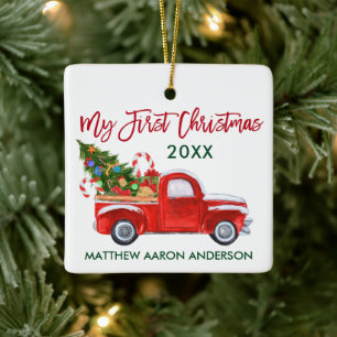 Baby My First Christmas Truck Tree Red Green Ceramic Ornament