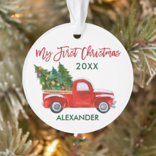 Baby My First Christmas Vintage Truck Red Green Ornament
