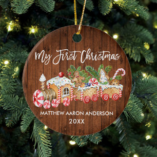 Baby My First Christmas Wood Gingerbread Train Ceramic Ornament