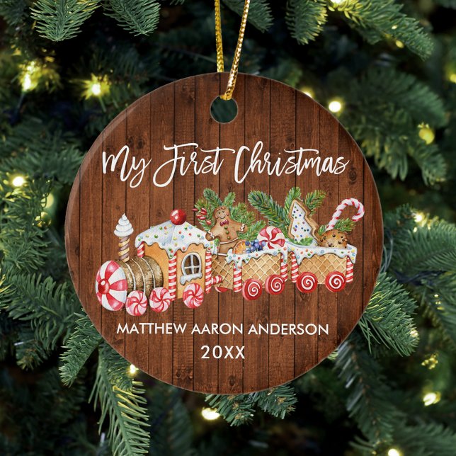 Baby My First Christmas Wood Gingerbread Train Ceramic Ornament (Baby's First Christmas Candy Cane Train Ornament)