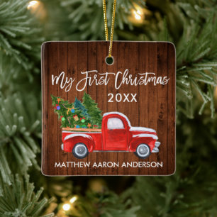 Baby My First Christmas Wood Vintage Red Truck Ceramic Ornament