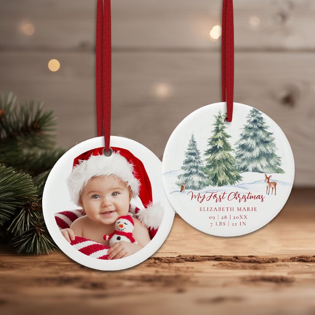 Baby My First Christmas Woodland Deer Owl Photo  Ceramic Ornament (baby my first christmas ornament woodland deer owl trees baubles photo red calligraphy)