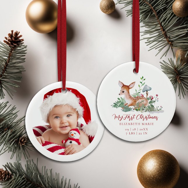 Baby My First Christmas Woodland Deer Photo  Ceramic Ornament (baby my first christmas ornament woodland deer mushrooms photo template red calligraphy)