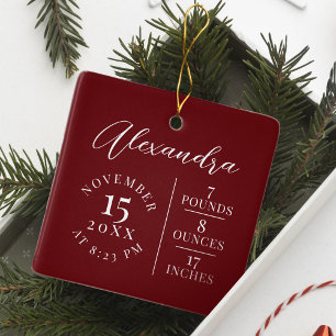 Baby Name & Birth Stats Photo Burgundy Keepsake Ceramic Ornament