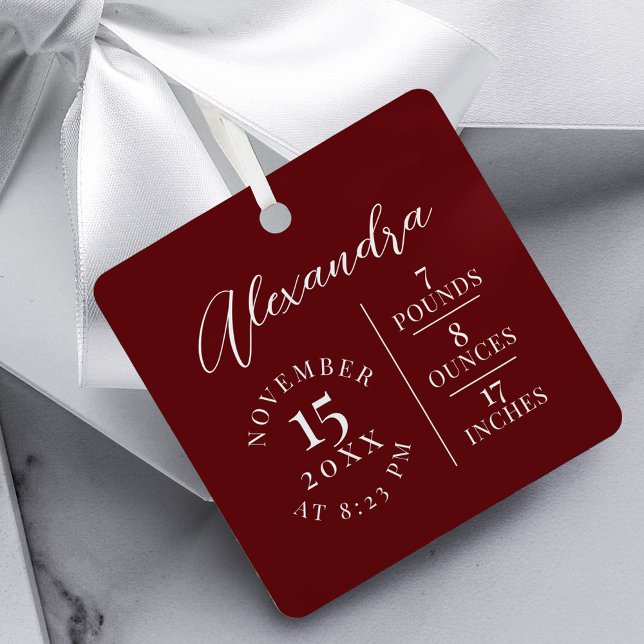  Baby Name & Birth Stats Photo Burgundy Keepsake Metal Tree Decoration (Baby Name & Birth Stats Photo Burgundy Keepsake Metal Ornament)