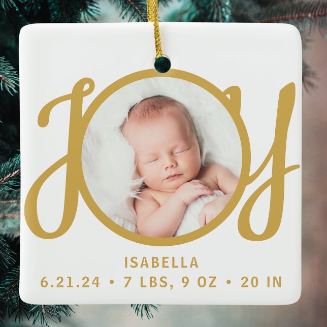 Baby Name Birth Stats Photo Gold Script Keepsake Ceramic Ornament (Creator Uploaded)
