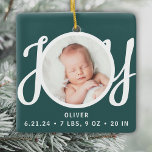 Baby Name Birth Stats Photo Green Keepsake Ceramic Ornament<br><div class="desc">This cute Baby's Birth Stats Christmas Photo Ornament is decorated with the word JOY in stylish script typography on a green background.
Easily customisable with your photo,  name,  and baby's birth stats.</div>