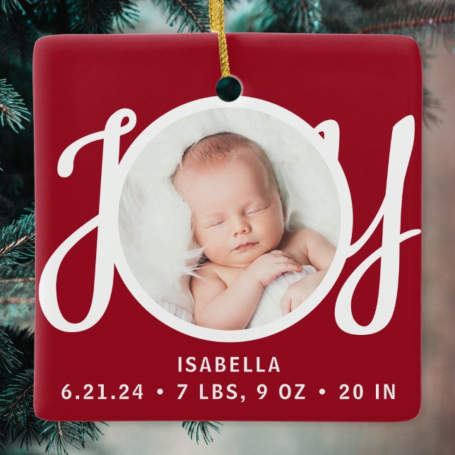 Baby Name Birth Stats Photo Red Keepsake Ceramic Ornament (Creator Uploaded)