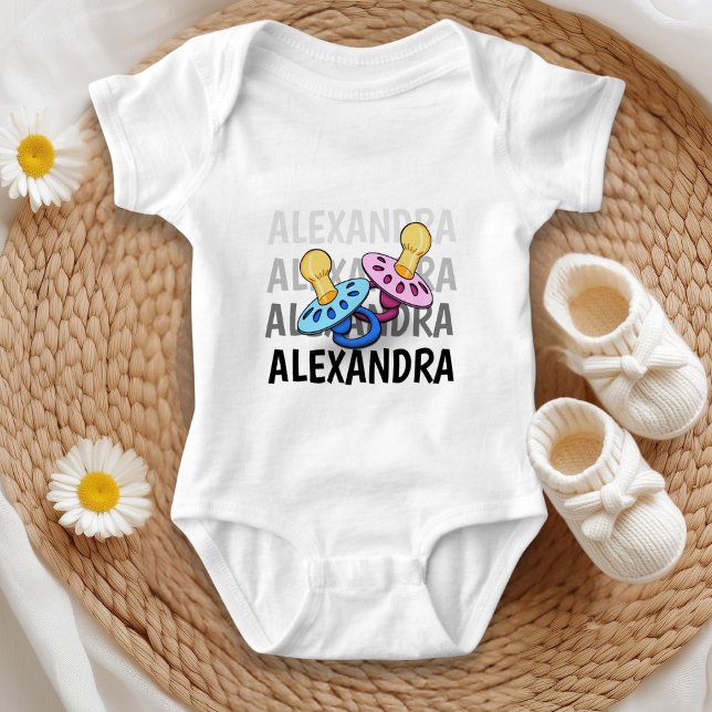 Baby name in shades white to black with pacifier baby bodysuit (Creator Uploaded)