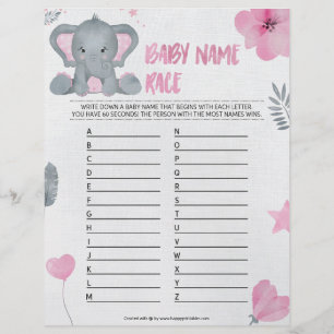 Baby Name Race [Baby Elephant [Pink]] Custom Letterhead