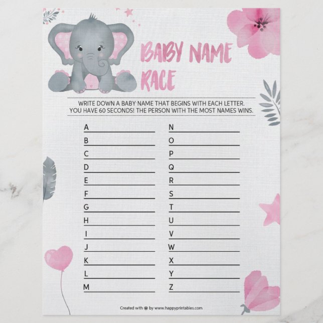 Baby Name Race [Baby Elephant [Pink]] Custom Letterhead (Front)