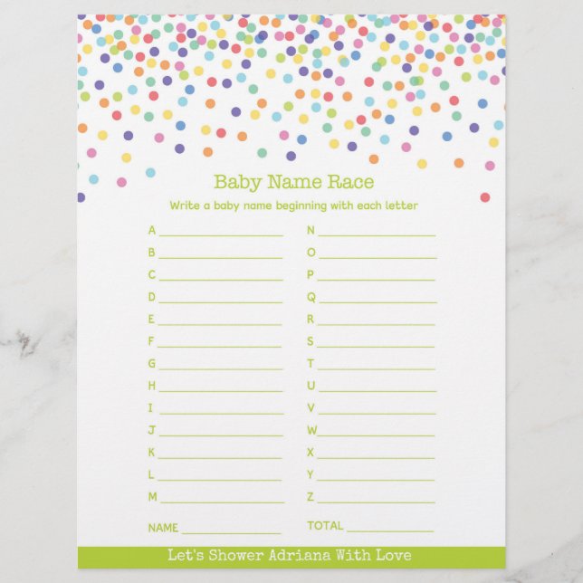 Baby Name Race Confetti Baby Shower Game (Front)