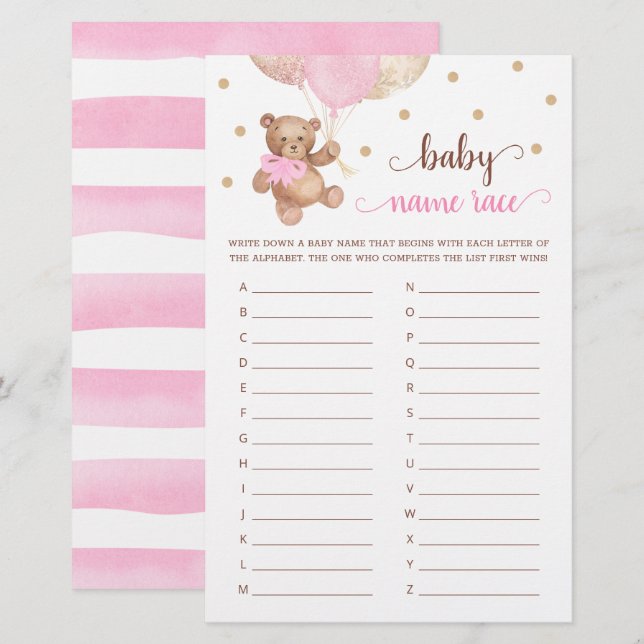Baby Name Race Game Baby Shower Teddy Bear  (Front/Back)
