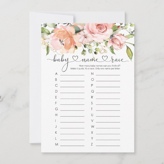 Baby Name Race Game, Floral Roses Baby Shower Game Invitation (Front)