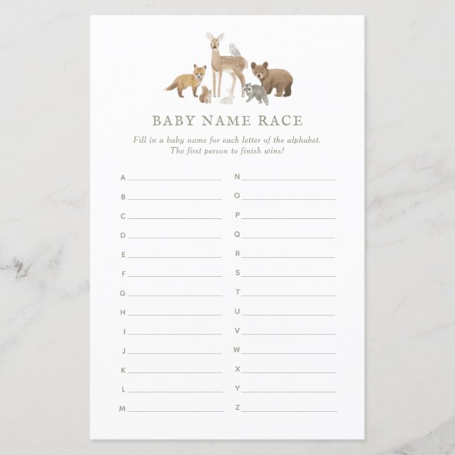 Baby Name Race Woodland Baby Shower Game (Front)