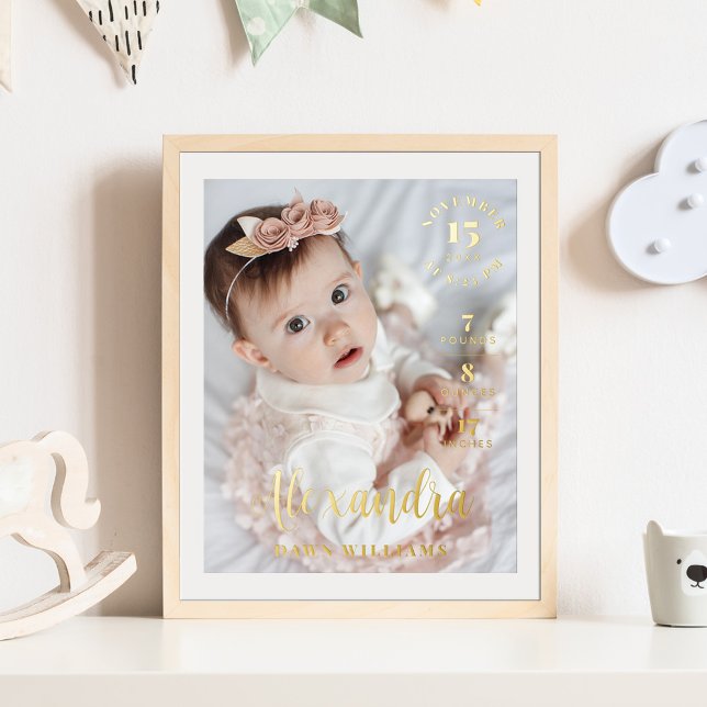 Baby Name Script Birth Stats Baby Photo Keepsake  Foil Prints (Creator Uploaded)