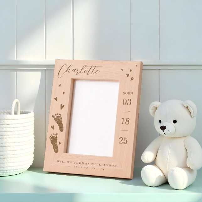 Baby Name Script & Birth Stats Footprints & Hearts Etched Frames (Baby Name Script & Birth Stats Footprints & Hearts Etched Frames)
