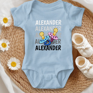 Baby name shades white to black with pacifier Blue Bodysuit