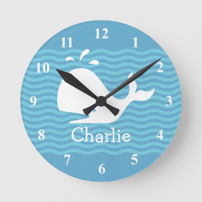 Baby name wall clock with cute whale in wavey sea (Front)