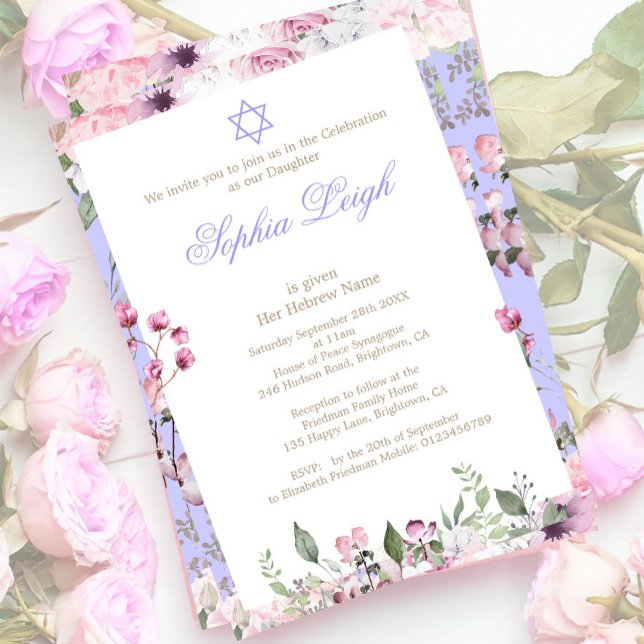 Baby Naming Ceremony Hebrew Girl Floral Purple Invitation (Creator Uploaded)
