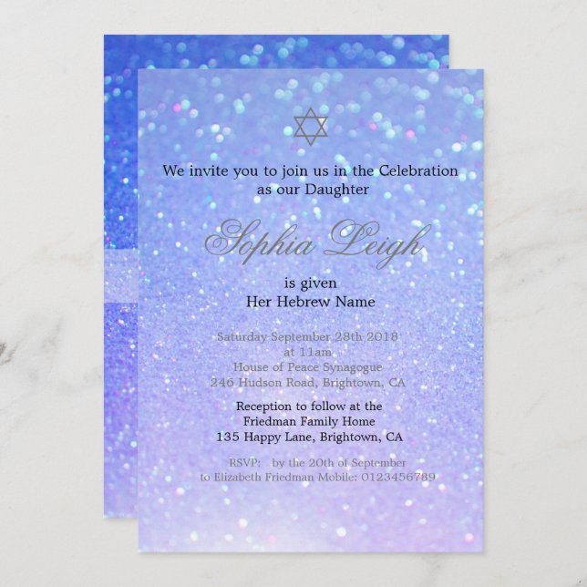 Baby Naming Ceremony Hebrew Girl Glitter Invitation (Front/Back)