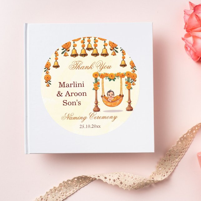 Baby Naming Cradle Indian Ceremony favour Classic Round Sticker (Baby naming cradle namkaran ceremony favor gift thank you stickers cute baby marigold cradle sticker)