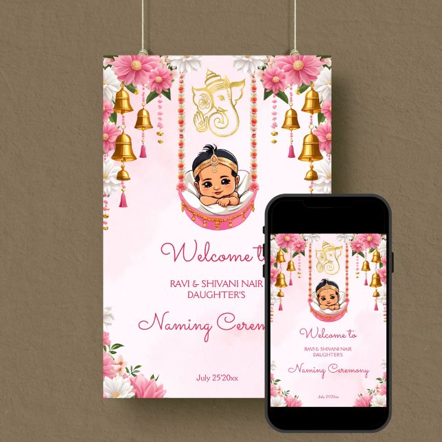Baby Naming Cradle Indian Ceremony pink welcome Poster (Baby Naming Cradle Indian Namkarana Ceremony pink welcome Poster template digital download cute girl)