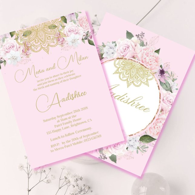 Baby Naming Hindu Namkaran Ceremony Pink Floral Invitation (Creator Uploaded)