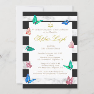 Baby Naming Jewish Black White Stripe Butterfly  Invitation