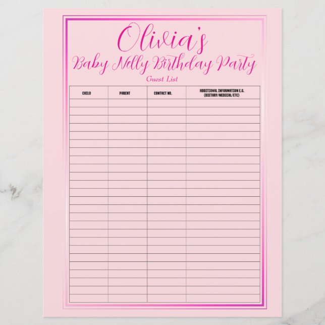 Baby Nelly Birthday Party Guest List (Front)
