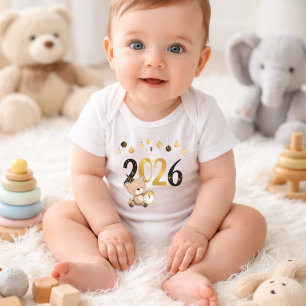 Baby New Year 2026 Teddy Bear Bodysuit ,Gold black