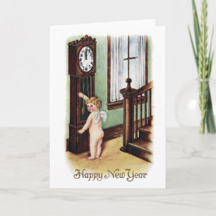 Baby New Year and Grandfather Clock Holiday Card