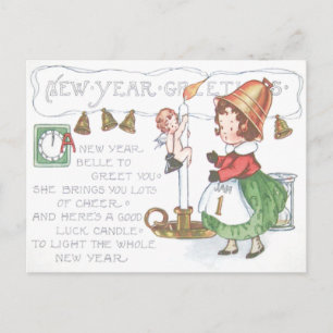 Baby New Year Candle Bells Clock Hourglass Holiday Postcard