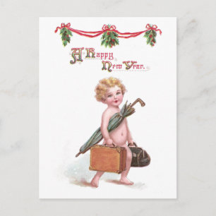 Baby New Year with Valise Vintage New Year Holiday Postcard